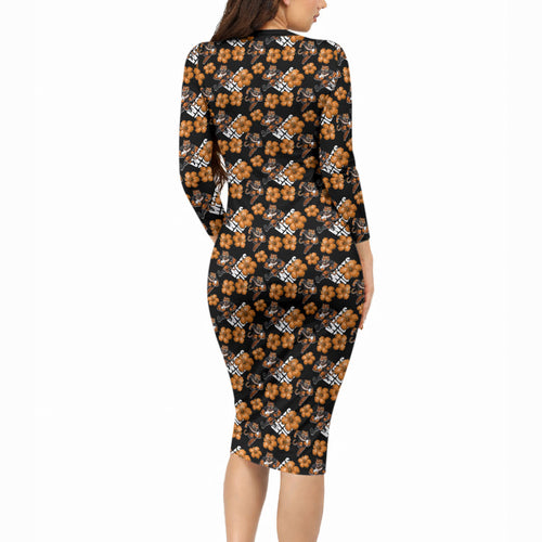 Wests Tigers Long Sleeve Bodycon Dress Tropical Hibiscus Floral Seamless Rugby Mascot