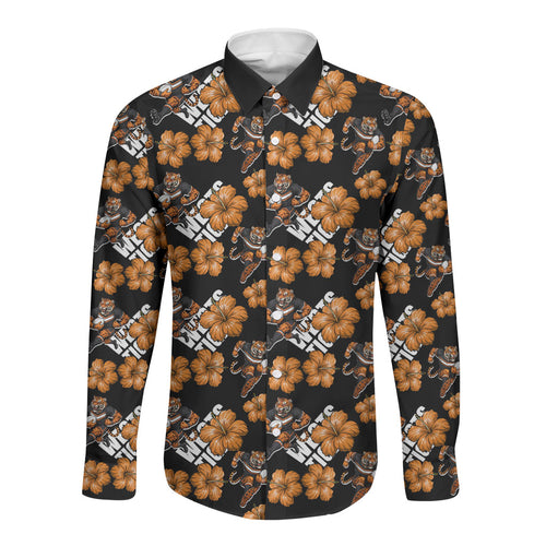 Wests Tigers Long Sleeve Button Shirt Tropical Hibiscus Floral Seamless Rugby Mascot
