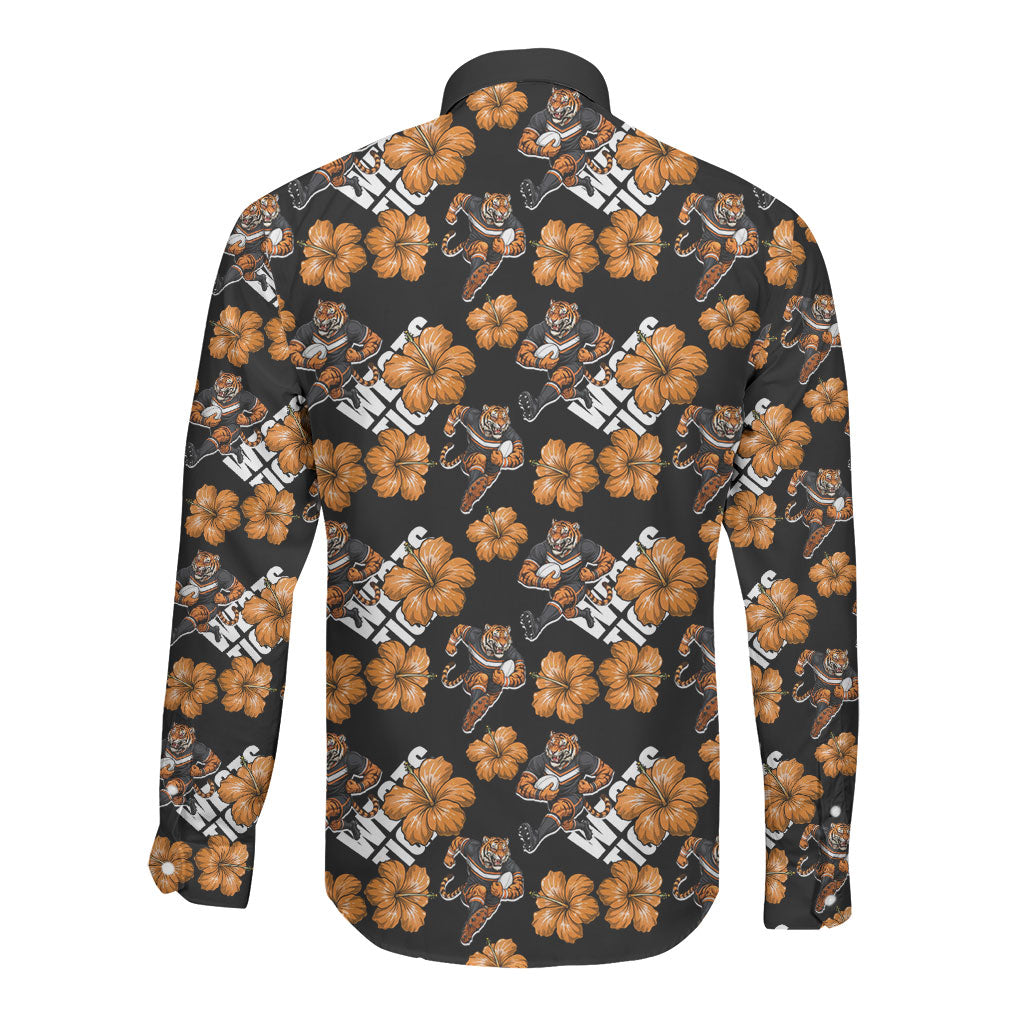 Wests Tigers Long Sleeve Button Shirt Tropical Hibiscus Floral Seamless Rugby Mascot