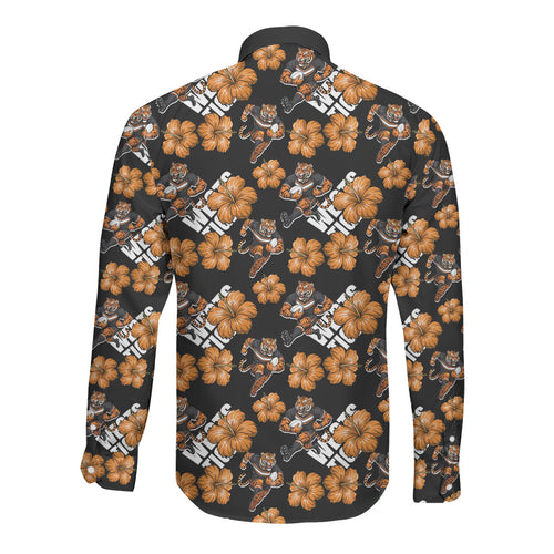 Wests Tigers Long Sleeve Button Shirt Tropical Hibiscus Floral Seamless Rugby Mascot