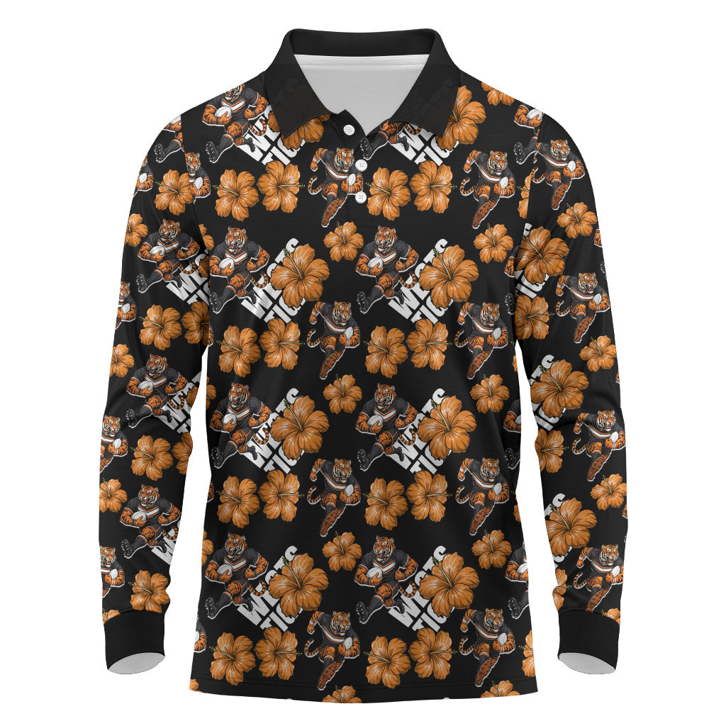 Wests Tigers Long Sleeve Polo Shirt Tropical Hibiscus Floral Seamless Rugby Mascot