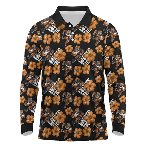 Wests Tigers Long Sleeve Polo Shirt Tropical Hibiscus Floral Seamless Rugby Mascot