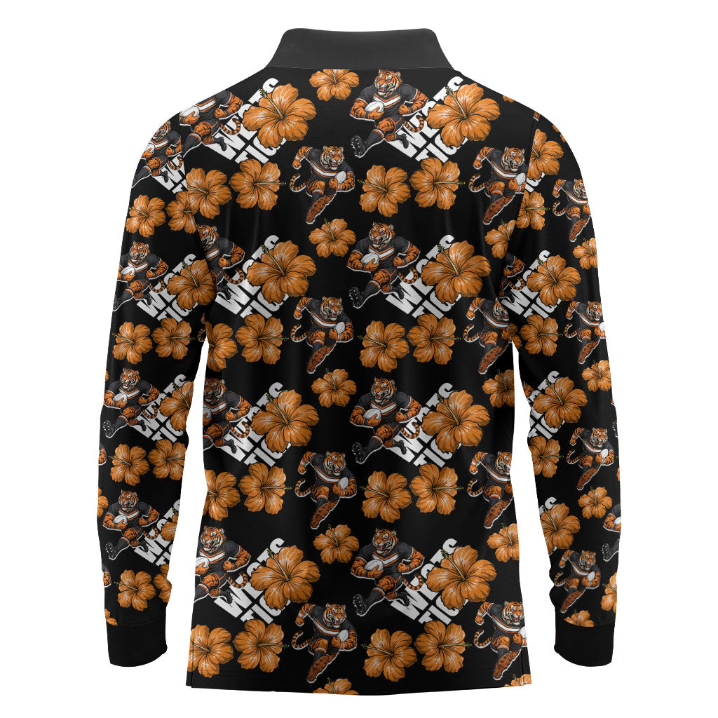 Wests Tigers Long Sleeve Polo Shirt Tropical Hibiscus Floral Seamless Rugby Mascot