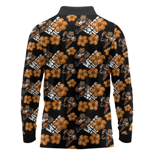 Wests Tigers Long Sleeve Polo Shirt Tropical Hibiscus Floral Seamless Rugby Mascot
