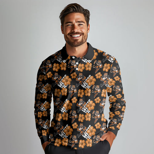 Wests Tigers Long Sleeve Polo Shirt Tropical Hibiscus Floral Seamless Rugby Mascot