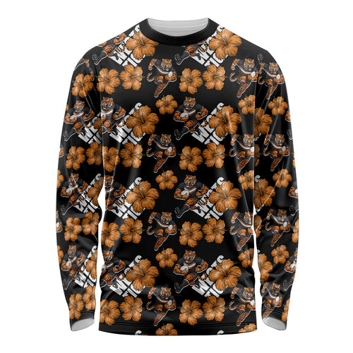 Wests Tigers Long Sleeve Shirt Tropical Hibiscus Floral Seamless Rugby Mascot