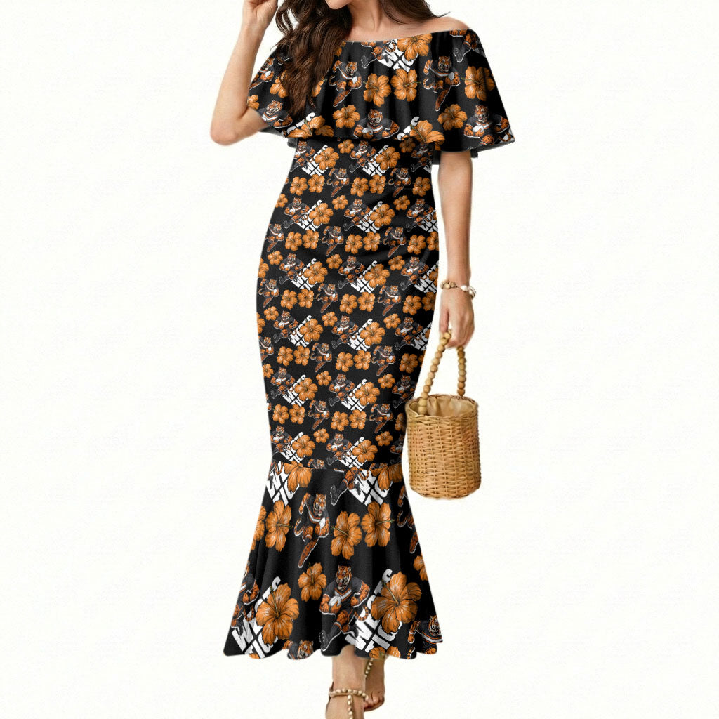 Wests Tigers Mermaid Dress Tropical Hibiscus Floral Seamless Rugby Mascot
