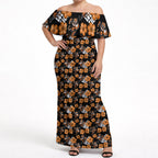 Wests Tigers Off Shoulder Maxi Dress Tropical Hibiscus Floral Seamless Rugby Mascot