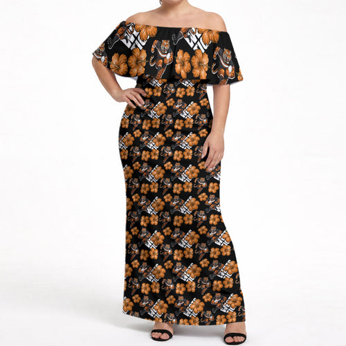 Wests Tigers Off Shoulder Maxi Dress Tropical Hibiscus Floral Seamless Rugby Mascot
