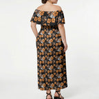Wests Tigers Off Shoulder Maxi Dress Tropical Hibiscus Floral Seamless Rugby Mascot