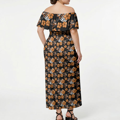 Wests Tigers Off Shoulder Maxi Dress Tropical Hibiscus Floral Seamless Rugby Mascot