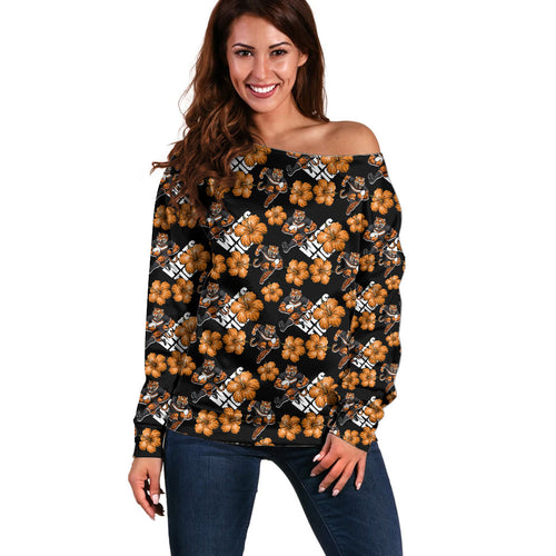 Wests Tigers Off Shoulder Sweater Tropical Hibiscus Floral Seamless Rugby Mascot