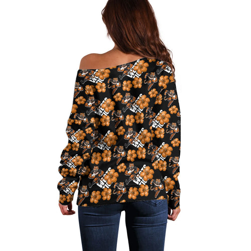Wests Tigers Off Shoulder Sweater Tropical Hibiscus Floral Seamless Rugby Mascot