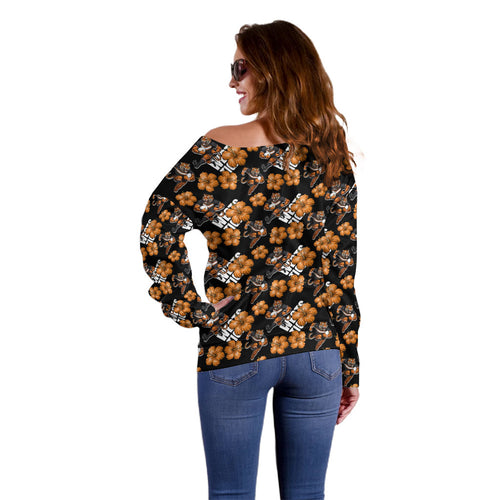 Wests Tigers Off Shoulder Sweater Tropical Hibiscus Floral Seamless Rugby Mascot