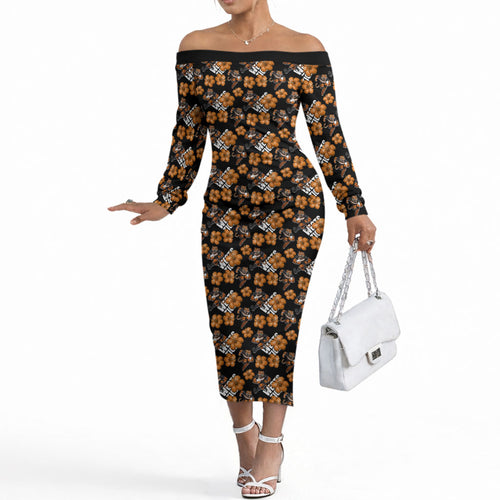 Wests Tigers Off The Shoulder Long Sleeve Dress Tropical Hibiscus Floral Seamless Rugby Mascot