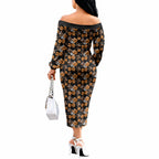 Wests Tigers Off The Shoulder Long Sleeve Dress Tropical Hibiscus Floral Seamless Rugby Mascot