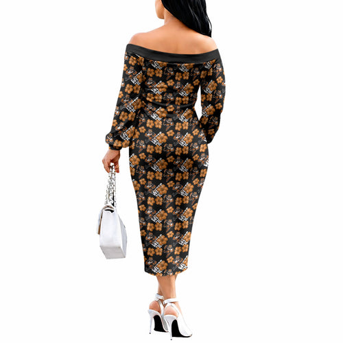 Wests Tigers Off The Shoulder Long Sleeve Dress Tropical Hibiscus Floral Seamless Rugby Mascot