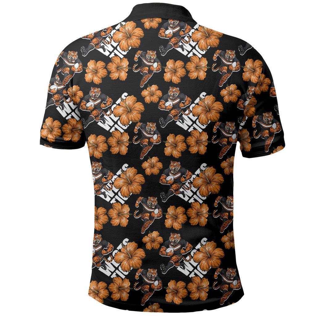 Wests Tigers Polo Shirt Tropical Hibiscus Floral Seamless Rugby Mascot