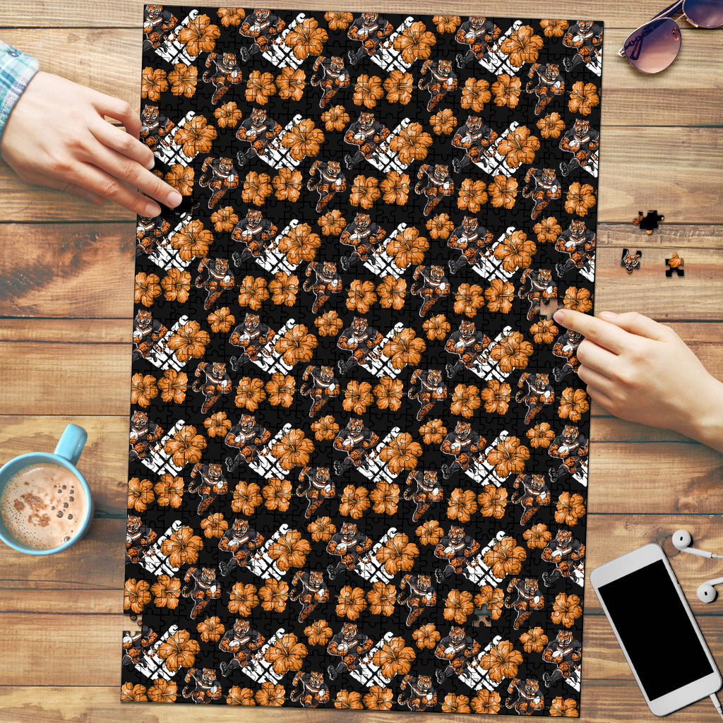 Wests Tigers Puzzle Tropical Hibiscus Floral Seamless Rugby Mascot