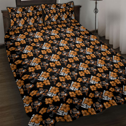 Wests Tigers Quilt Bed Set Tropical Hibiscus Floral Seamless Rugby Mascot