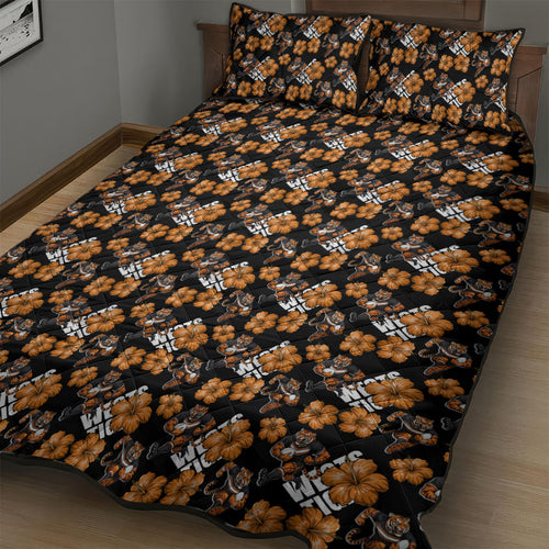 Wests Tigers Quilt Bed Set Tropical Hibiscus Floral Seamless Rugby Mascot