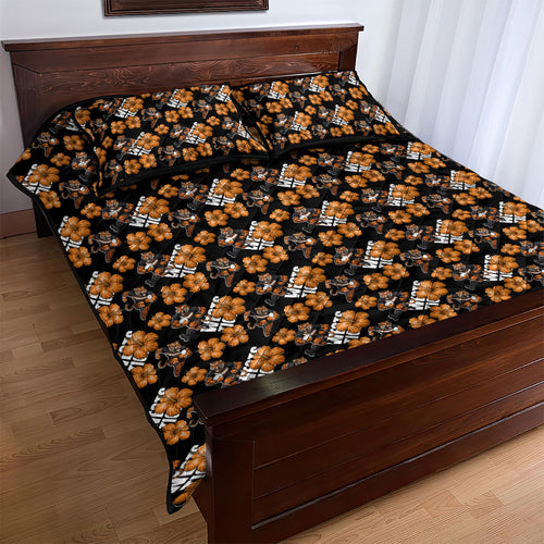 Wests Tigers Quilt Bed Set Tropical Hibiscus Floral Seamless Rugby Mascot