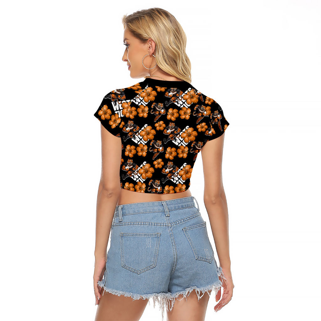 Wests Tigers Raglan Cropped T Shirt Tropical Hibiscus Floral Seamless Rugby Mascot