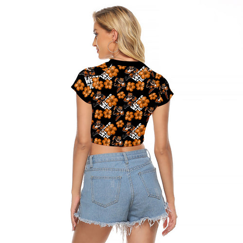 Wests Tigers Raglan Cropped T Shirt Tropical Hibiscus Floral Seamless Rugby Mascot