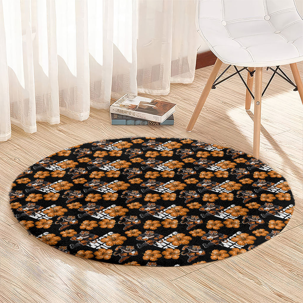 Wests Tigers Round Carpet Tropical Hibiscus Floral Seamless Rugby Mascot