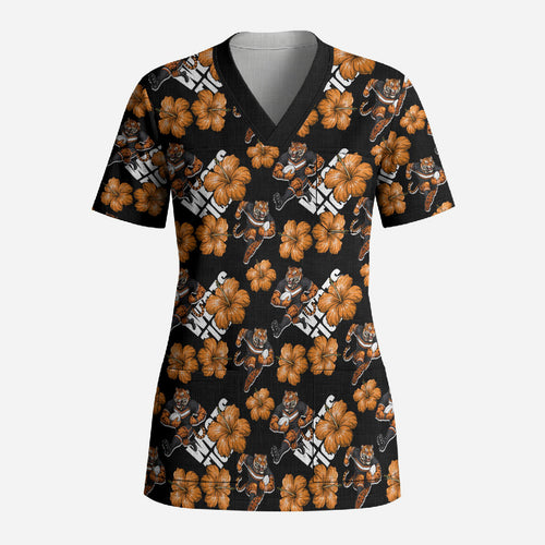 Wests Tigers Scrub Top Tropical Hibiscus Floral Seamless Rugby Mascot