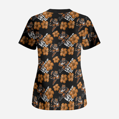 Wests Tigers Scrub Top Tropical Hibiscus Floral Seamless Rugby Mascot