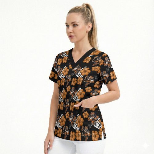 Wests Tigers Scrub Top Tropical Hibiscus Floral Seamless Rugby Mascot