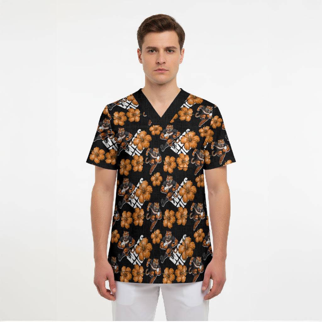 Wests Tigers Scrub Top Tropical Hibiscus Floral Seamless Rugby Mascot