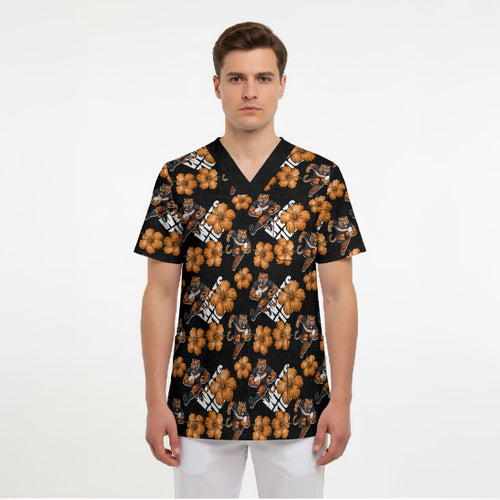Wests Tigers Scrub Top Tropical Hibiscus Floral Seamless Rugby Mascot