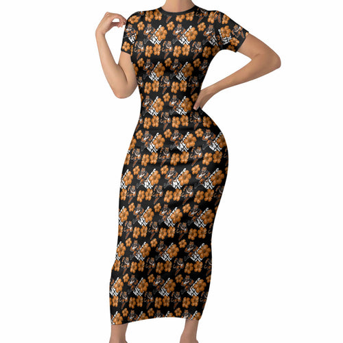 Wests Tigers Short Sleeve Bodycon Dress Tropical Hibiscus Floral Seamless Rugby Mascot