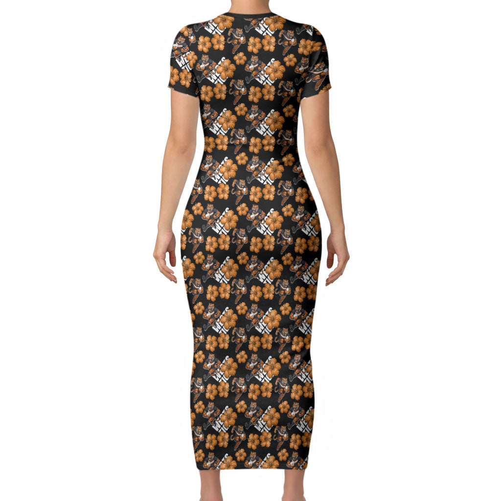 Wests Tigers Short Sleeve Bodycon Dress Tropical Hibiscus Floral Seamless Rugby Mascot