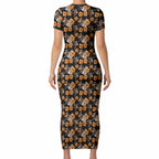 Wests Tigers Short Sleeve Bodycon Dress Tropical Hibiscus Floral Seamless Rugby Mascot