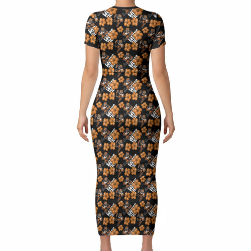 Wests Tigers Short Sleeve Bodycon Dress Tropical Hibiscus Floral Seamless Rugby Mascot