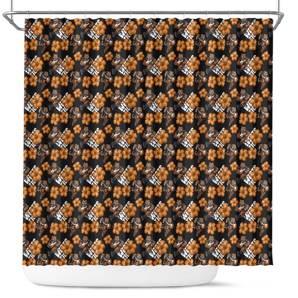 Wests Tigers Shower Curtain Tropical Hibiscus Floral Seamless Rugby Mascot