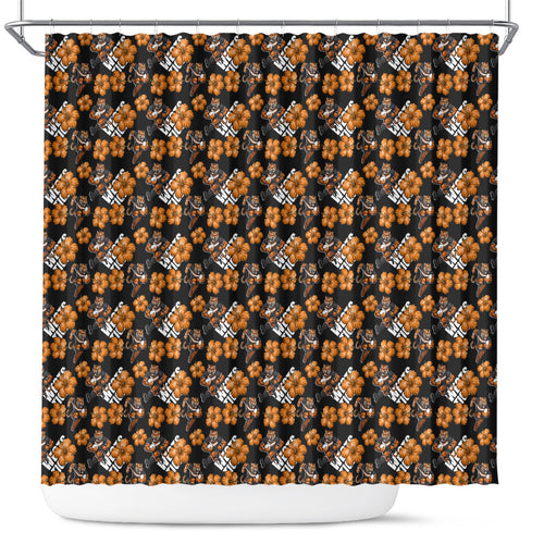 Wests Tigers Shower Curtain Tropical Hibiscus Floral Seamless Rugby Mascot