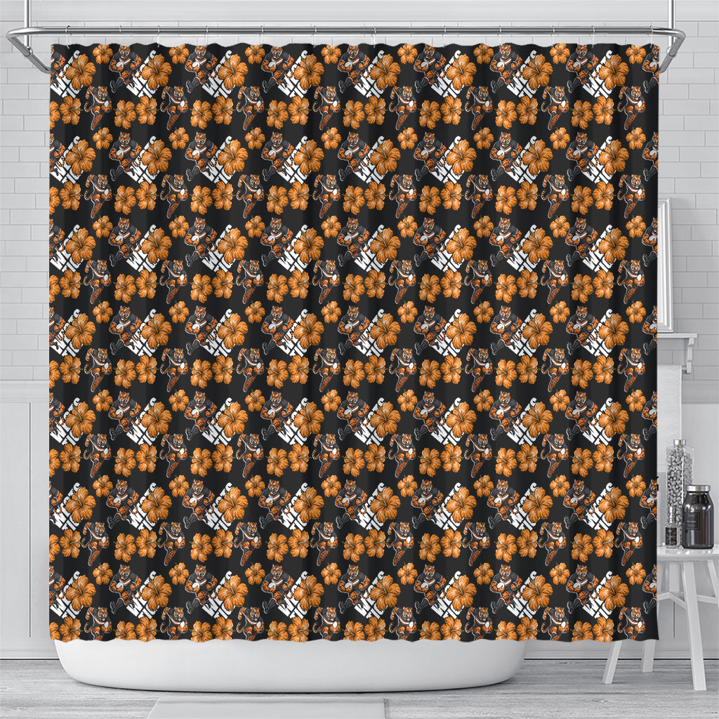 Wests Tigers Shower Curtain Tropical Hibiscus Floral Seamless Rugby Mascot