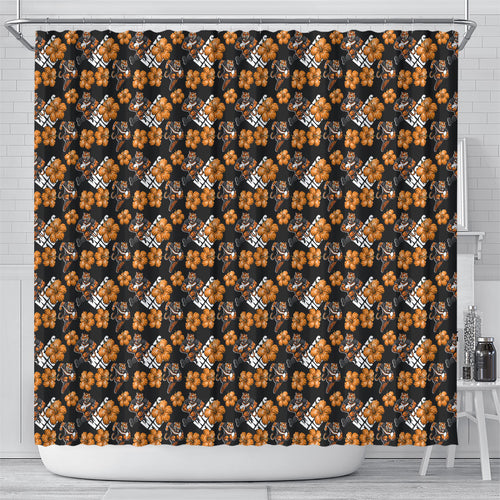 Wests Tigers Shower Curtain Tropical Hibiscus Floral Seamless Rugby Mascot