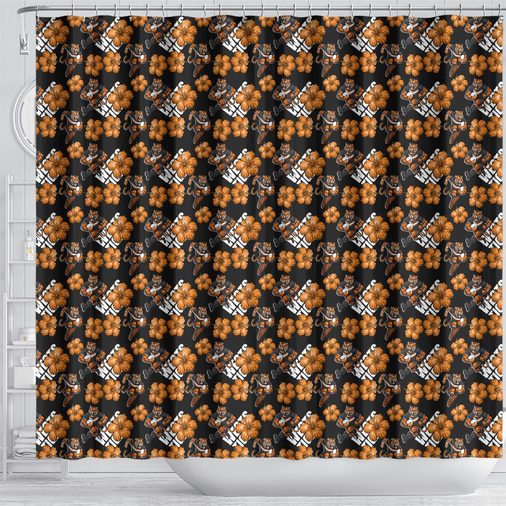 Wests Tigers Shower Curtain Tropical Hibiscus Floral Seamless Rugby Mascot