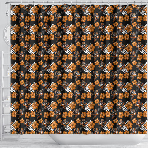 Wests Tigers Shower Curtain Tropical Hibiscus Floral Seamless Rugby Mascot