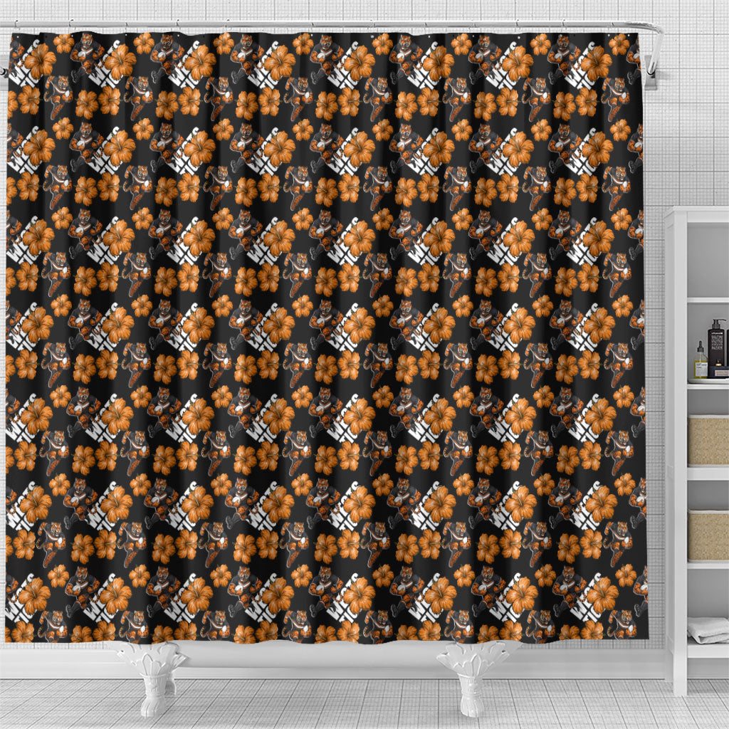 Wests Tigers Shower Curtain Tropical Hibiscus Floral Seamless Rugby Mascot