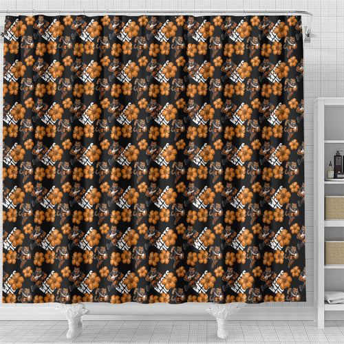 Wests Tigers Shower Curtain Tropical Hibiscus Floral Seamless Rugby Mascot