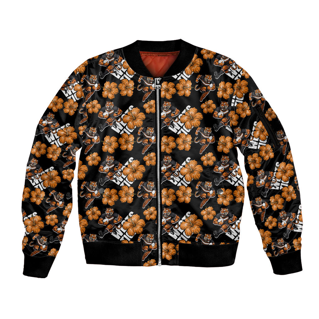 Wests Tigers Sleeve Zip Bomber Jacket Tropical Hibiscus Floral Seamless Rugby Mascot