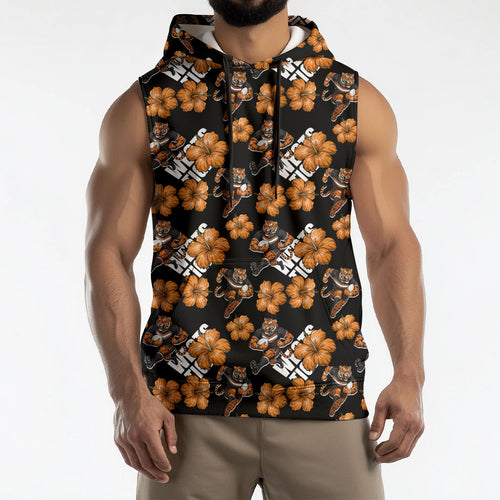 Wests Tigers Sleeveless Hoodie Tropical Hibiscus Floral Seamless Rugby Mascot