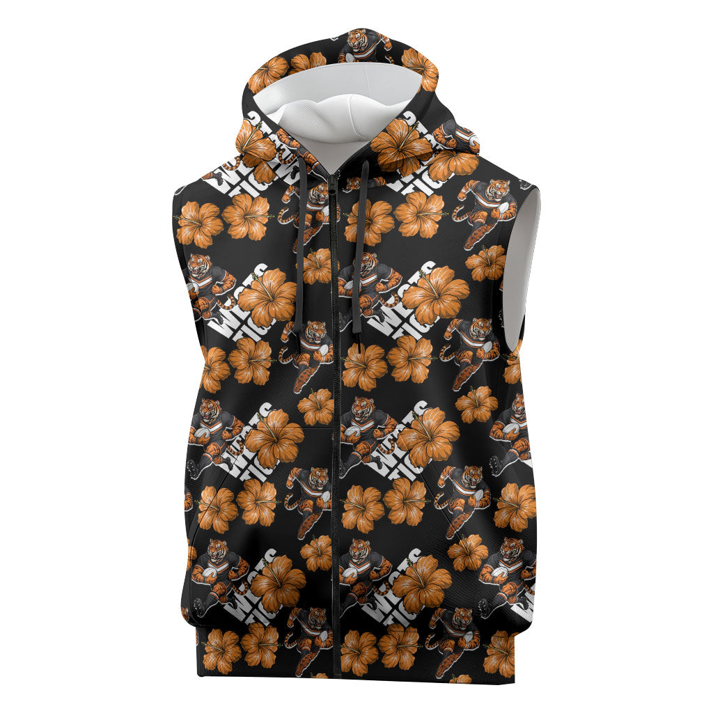 Wests Tigers Sleeveless Zip Hoodie Tropical Hibiscus Floral Seamless Rugby Mascot