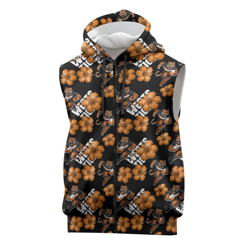 Wests Tigers Sleeveless Zip Hoodie Tropical Hibiscus Floral Seamless Rugby Mascot